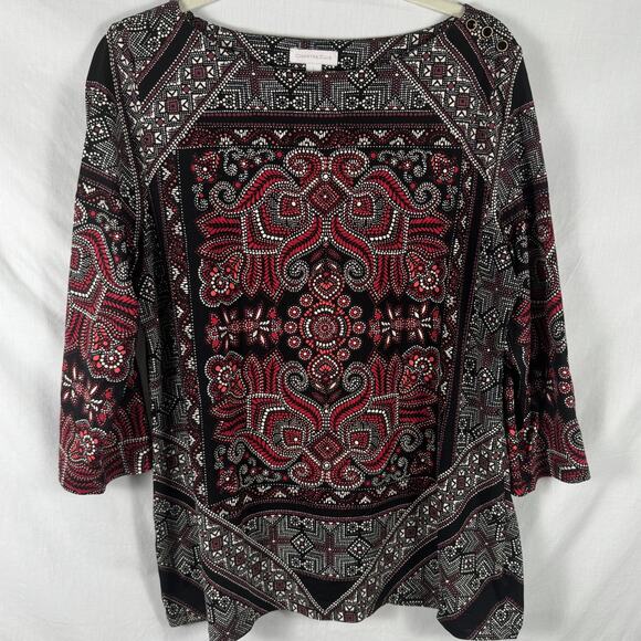 Charter Club Stretchy Red Paisley Print Blouse Large, Button Details at Shoulder - Picture 1 of 5